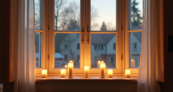 Multiple candle lights of different heights glow warmly across a bay window sill at dusk.