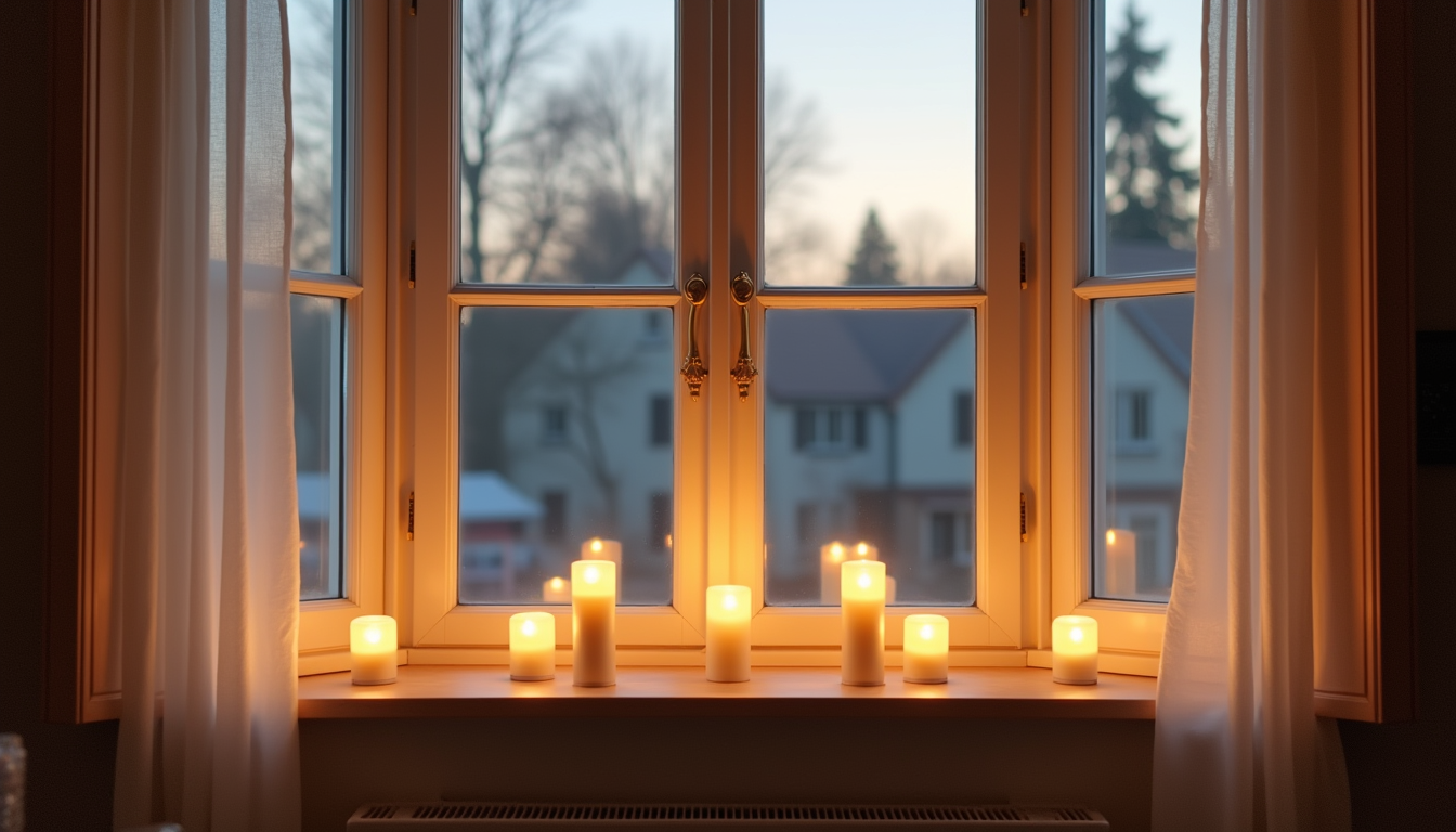 Multiple candle lights of different heights glow warmly across a bay window sill at dusk.