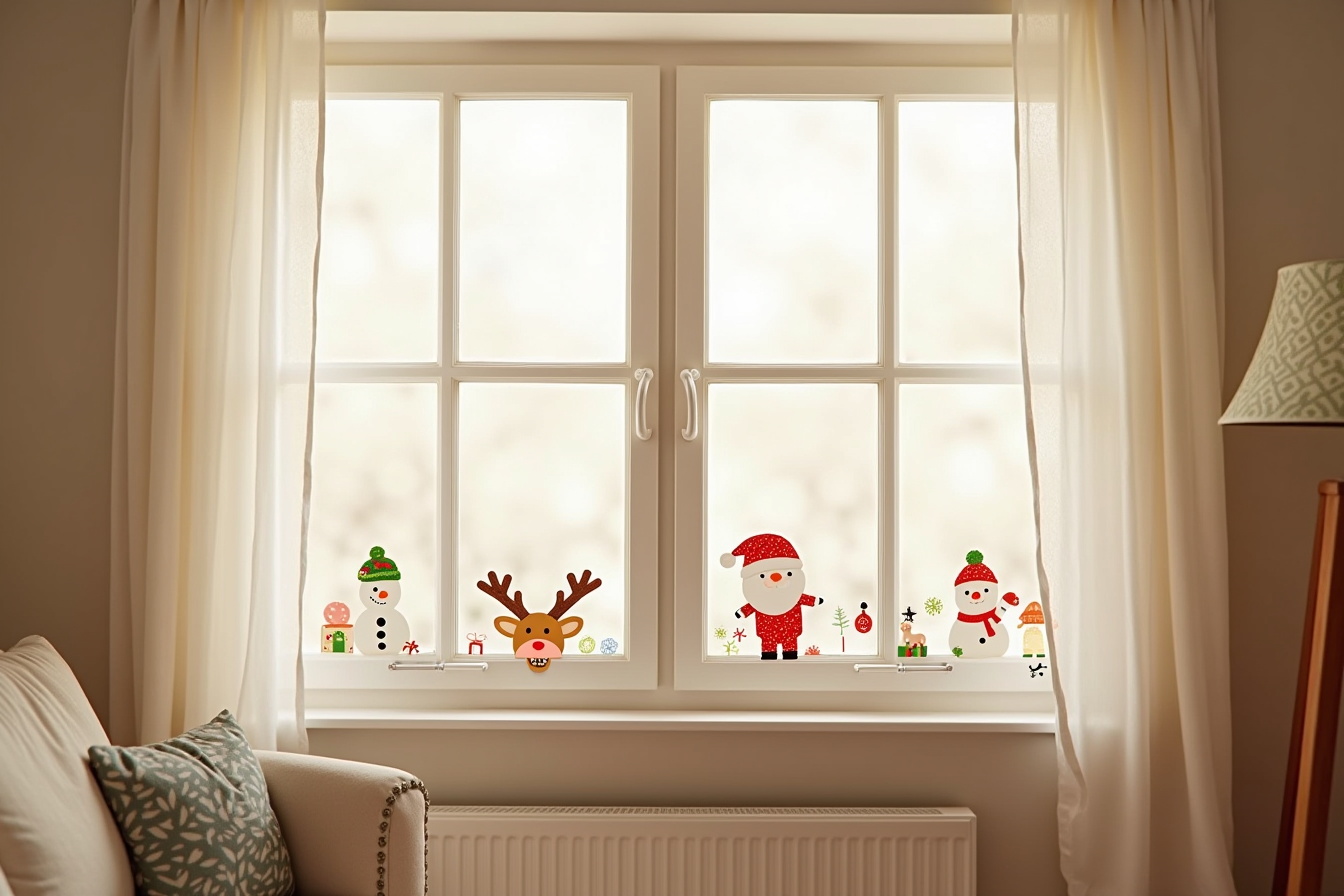 Colorful Santa, snowman, and reindeer clings decorate the lower portion of a family room window.