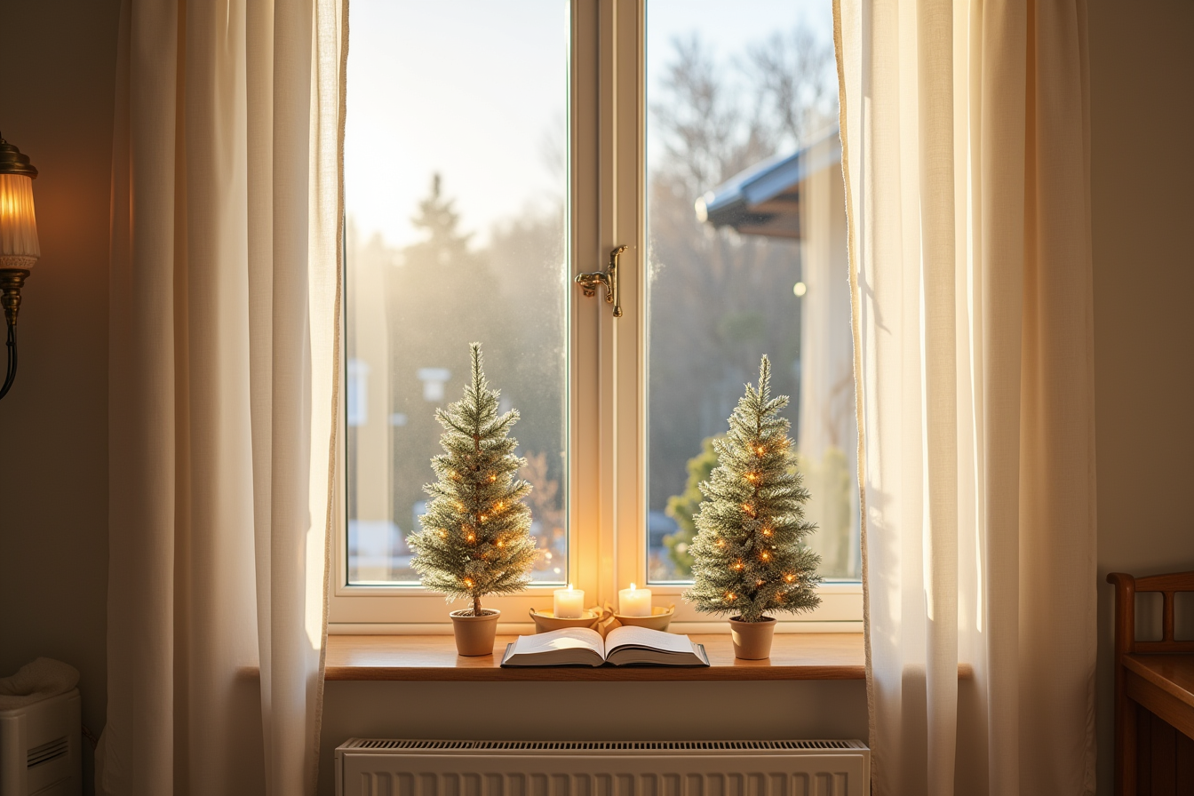 Two small illuminated artificial trees sit on a bay window sill with views through the glass behind them.