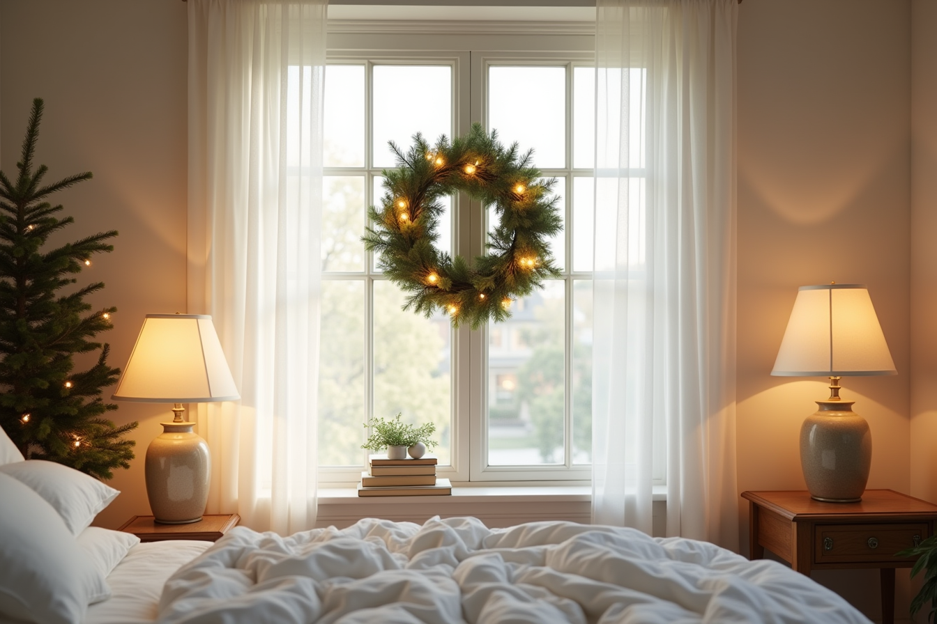 A pre-lit evergreen wreath with warm lights serves as the focal point on a large window frame.