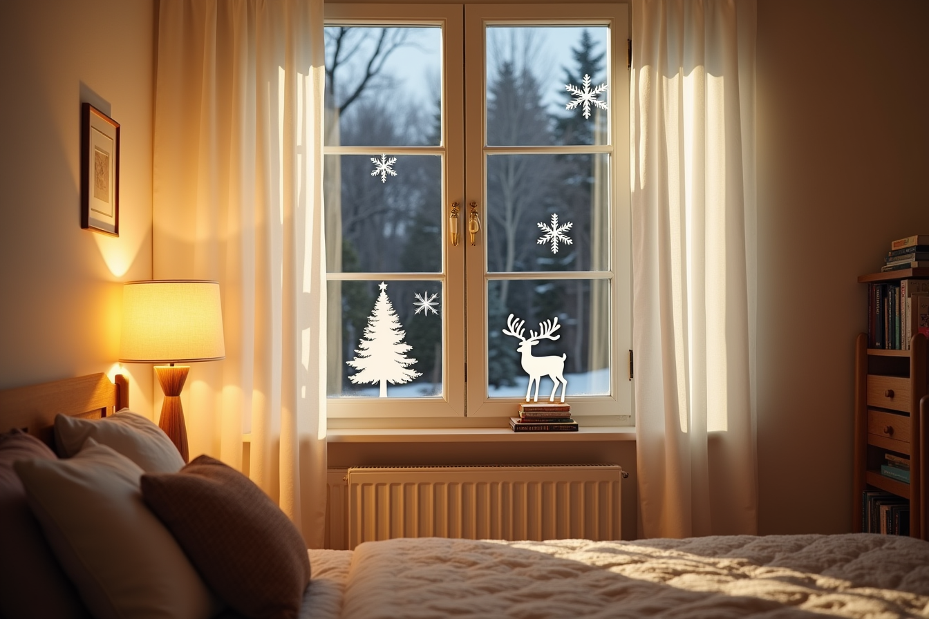 Reindeer, Christmas tree, and snowflake silhouettes are backlit against a dark window at night.