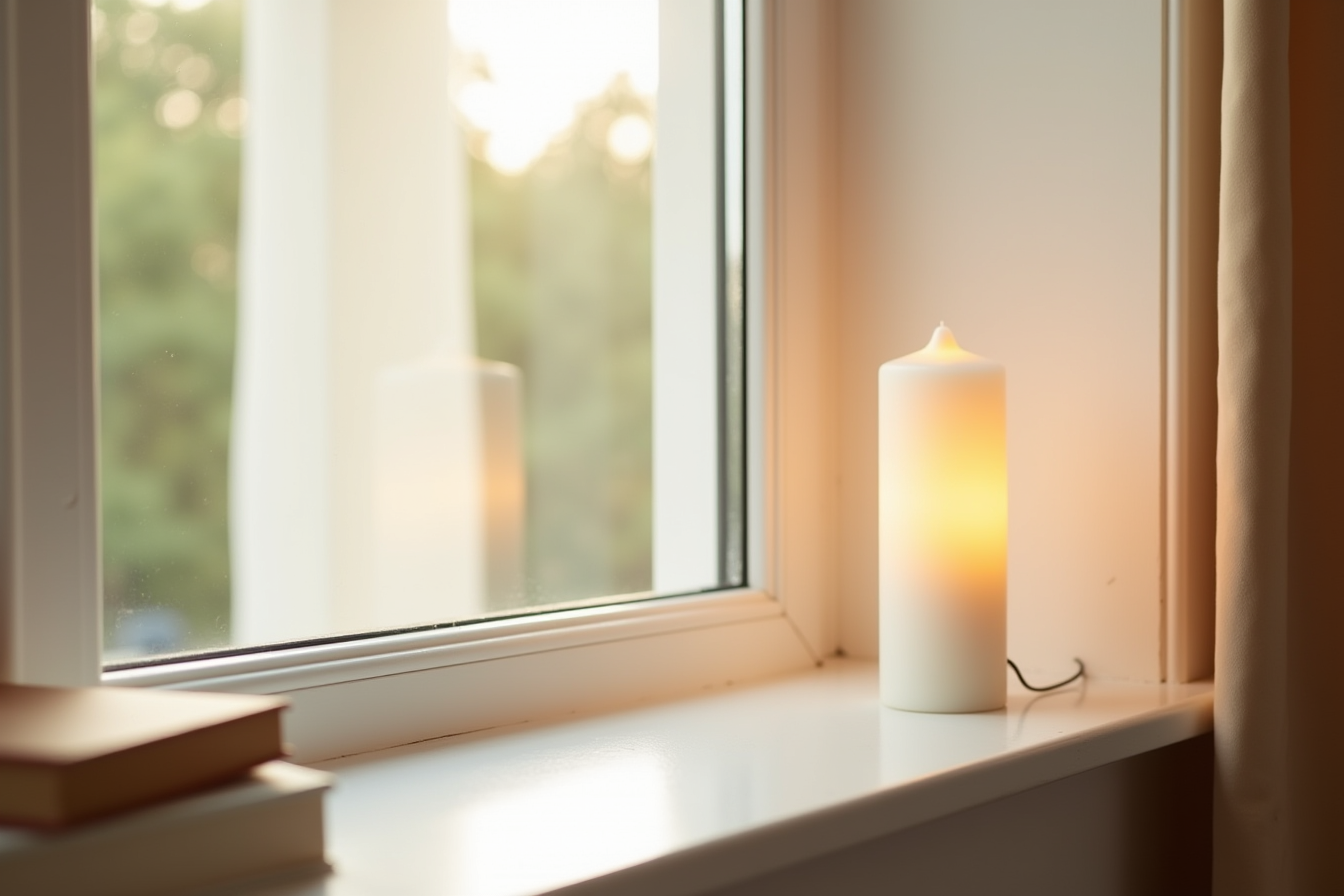 A single LED candle with flame-shaped top glows on a white windowsill against dark glass.