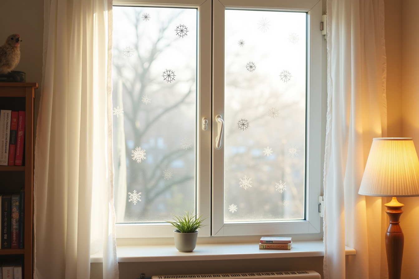 Translucent snowflake decals in various sizes scatter across an apartment window.