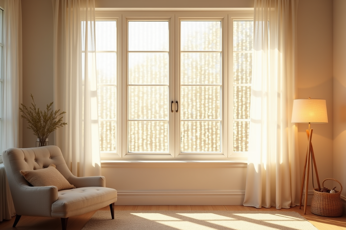 A dense grid of twinkling lights cascades down a large picture window like a waterfall.