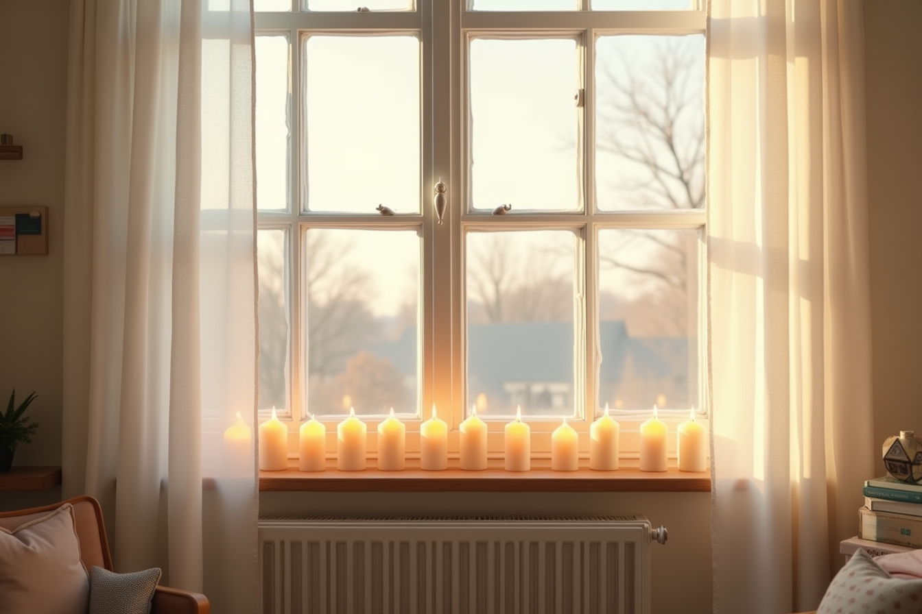 Twelve matching candles create evenly spaced warm points of light across a modern room's window ledge.