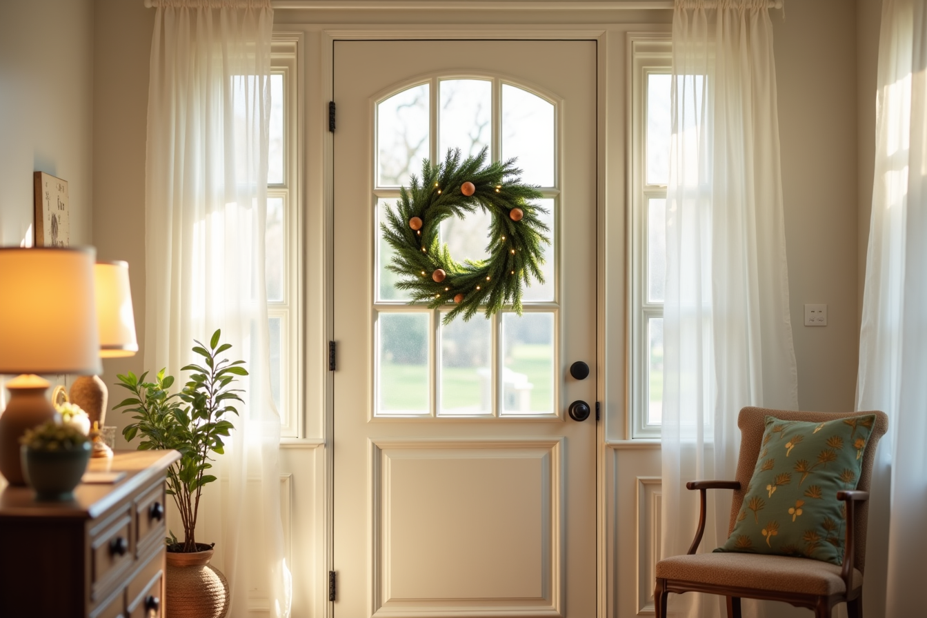 30-inch pre-lit evergreen wreath with warm lights on a cream colonial front door with sidelights, shot from street view.