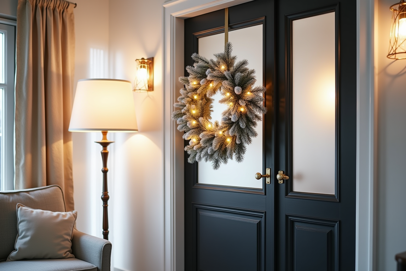 Frosted pre-lit wreath with faux snow and warm lights hangs on a black front door with a frosted glass sidelight.