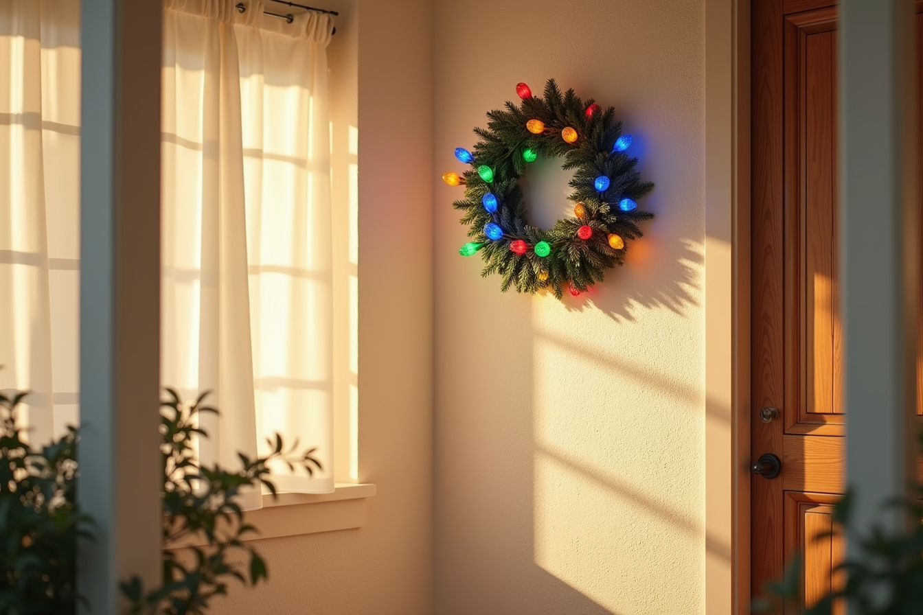 24-inch pre-lit wreath with multicolored LED lights glows against a beige stucco entryway wall at dusk.