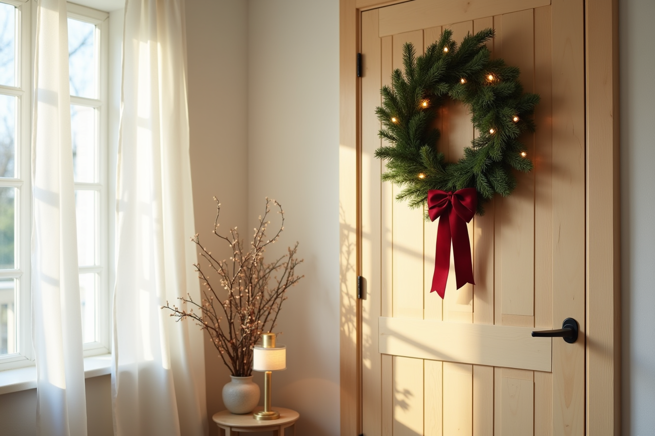 Green pine wreath with soft white lights and burgundy ribbon bow mounted on a natural wood barn door.