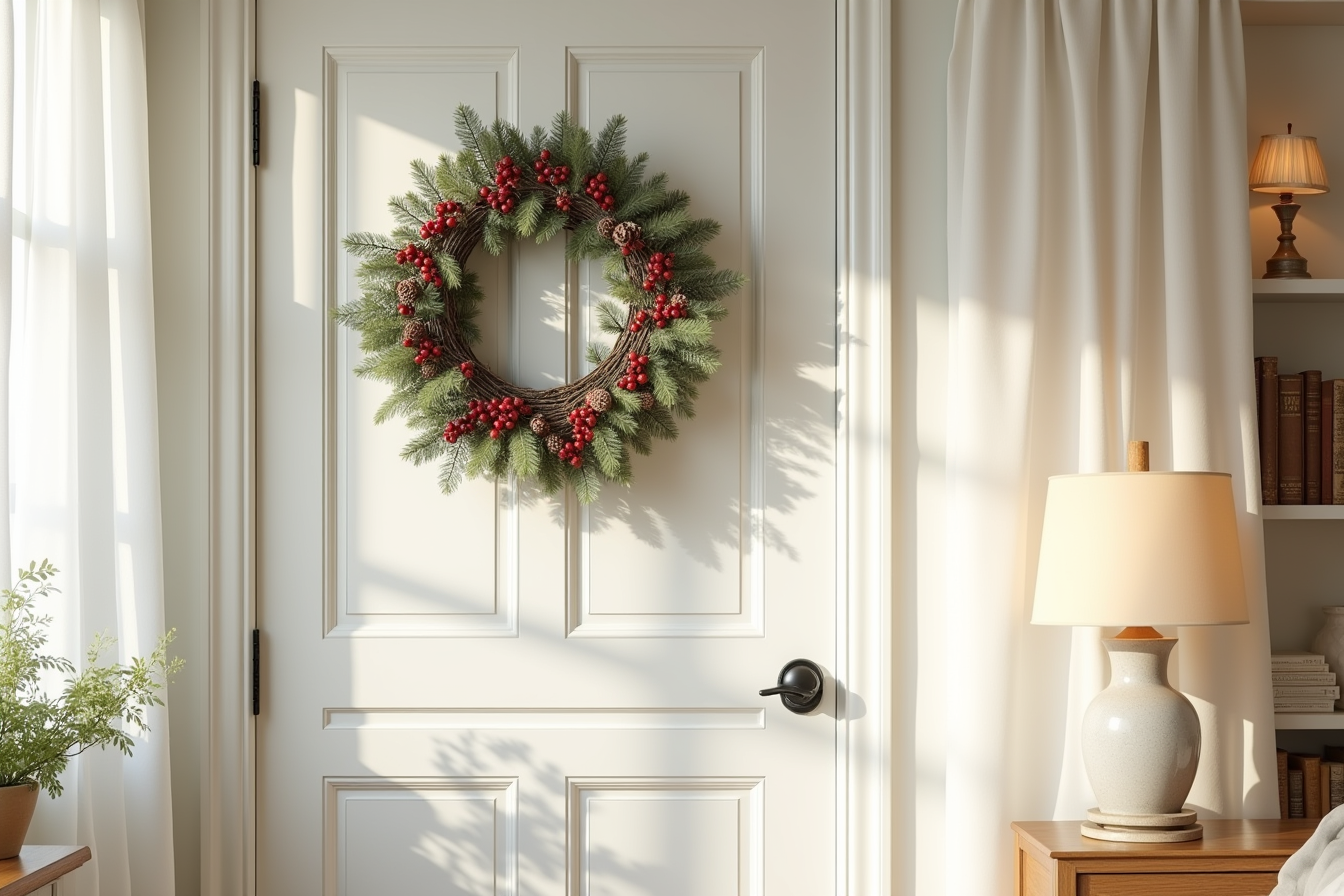 24-inch unlit wreath with deep red berries, eucalyptus leaves, and pinecones decorates a white cottage door.