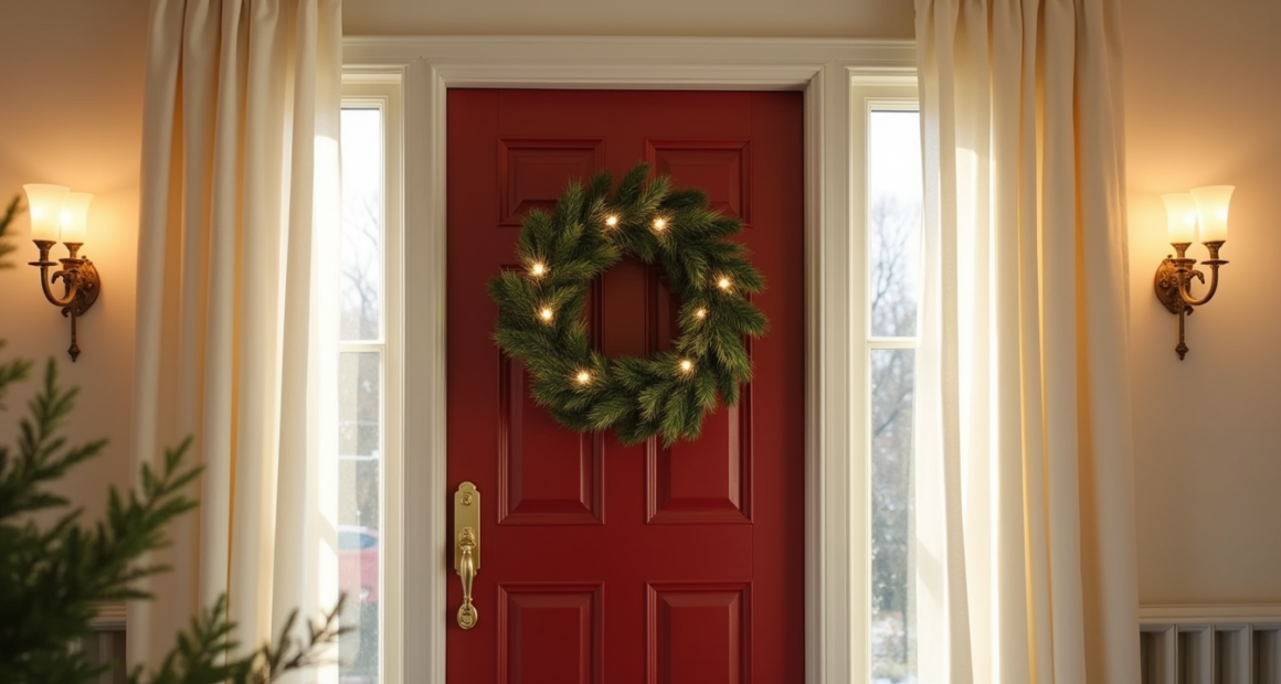 Green pre-lit wreath with warm lights hangs on a dark red front door with white trim and brass knocker.