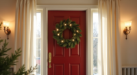 Green pre-lit wreath with warm lights hangs on a dark red front door with white trim and brass knocker.