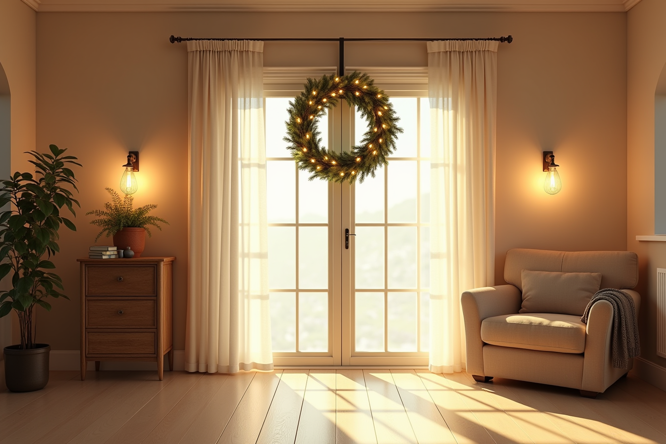 Large 48-inch illuminated wreath with bright white lights spans the width of a garage entrance at dusk.