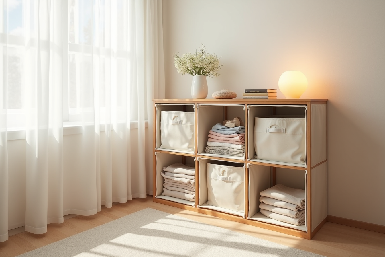 Nine-compartment fabric cube organizer viewed from above, containing folded sweaters, shoes, and canvas storage bins.