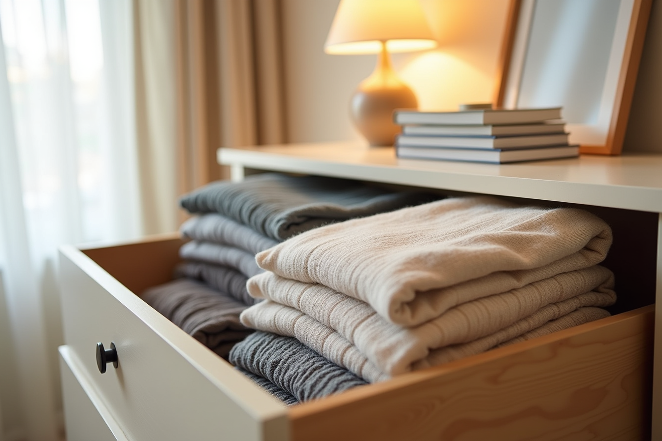 Dresser drawer with five fabric dividers organizing neatly stacked folded shirts and sweaters in separate compartments.