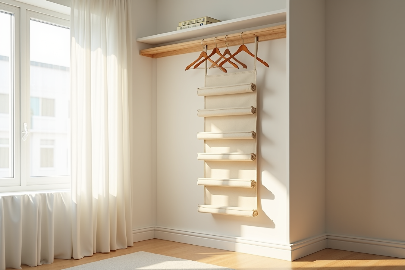 Five-tier hanging canvas shelf organizer suspended from a closet rod with empty hangers visible at the top.