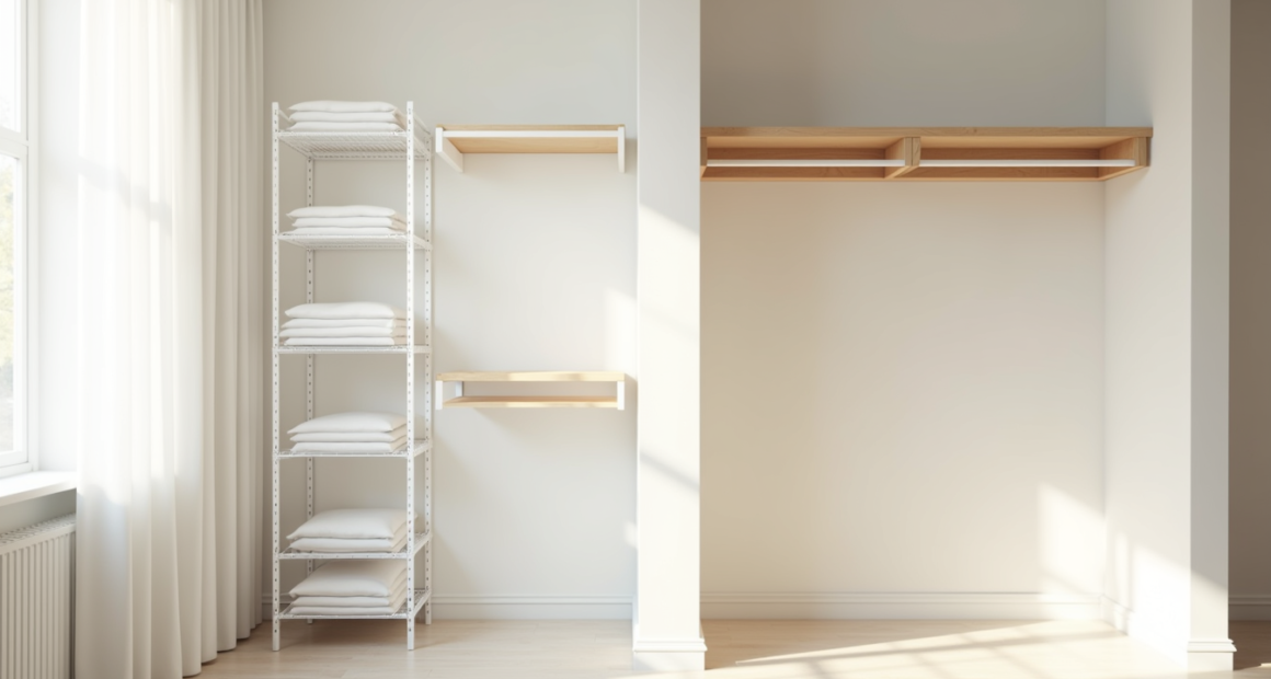 Partially installed modular wire shelving with metal frames and white shelves in an empty walk-in closet beside a single rod.