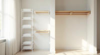 Partially installed modular wire shelving with metal frames and white shelves in an empty walk-in closet beside a single rod.