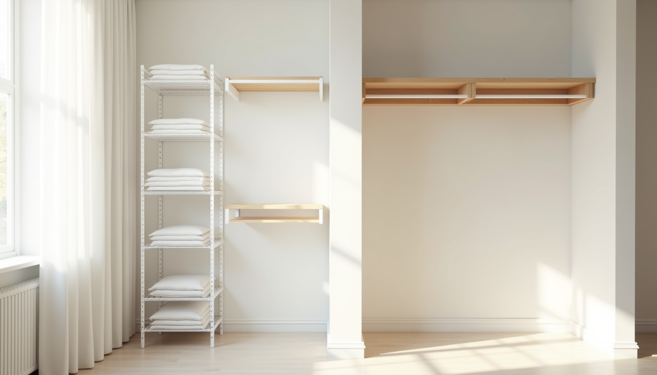 Partially installed modular wire shelving with metal frames and white shelves in an empty walk-in closet beside a single rod.