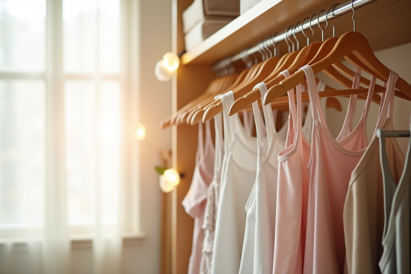 Multi-tier tank top hangers on a closet rod holding stacked camisoles and sports bras with wooden hangers nearby.