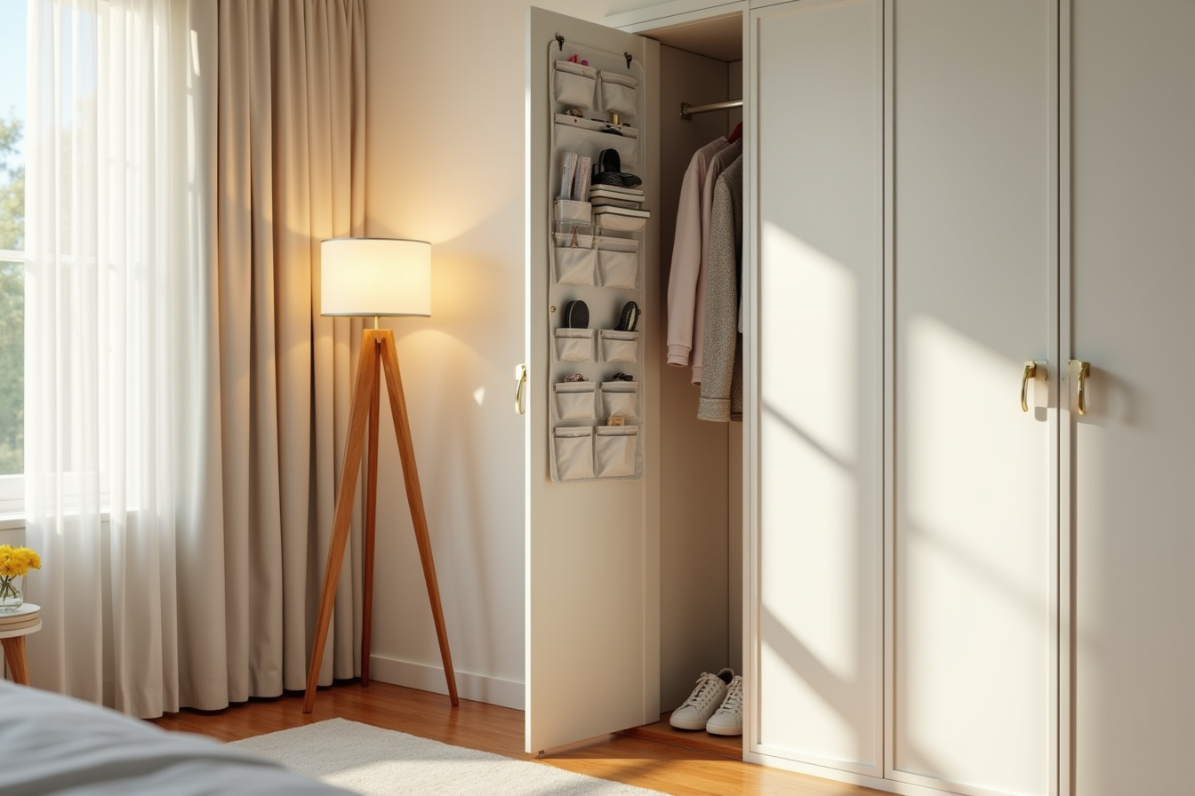 Clear over-the-door organizer with multiple pouches and pockets holding accessories mounted on an open hinged closet door.