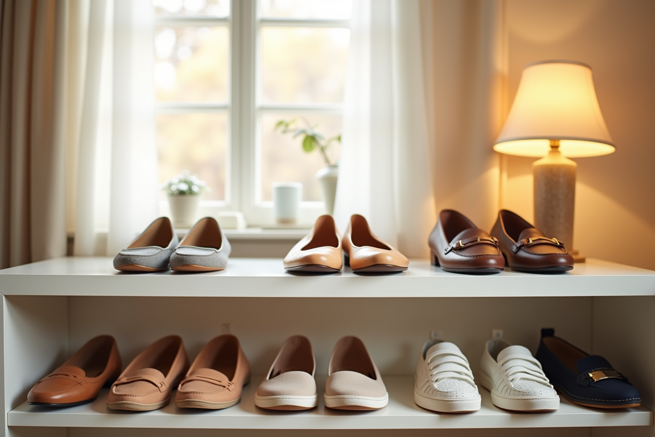 Closet shelf with shoe slot dividers organizing flats, loafers, and sneakers standing upright in separate sections.