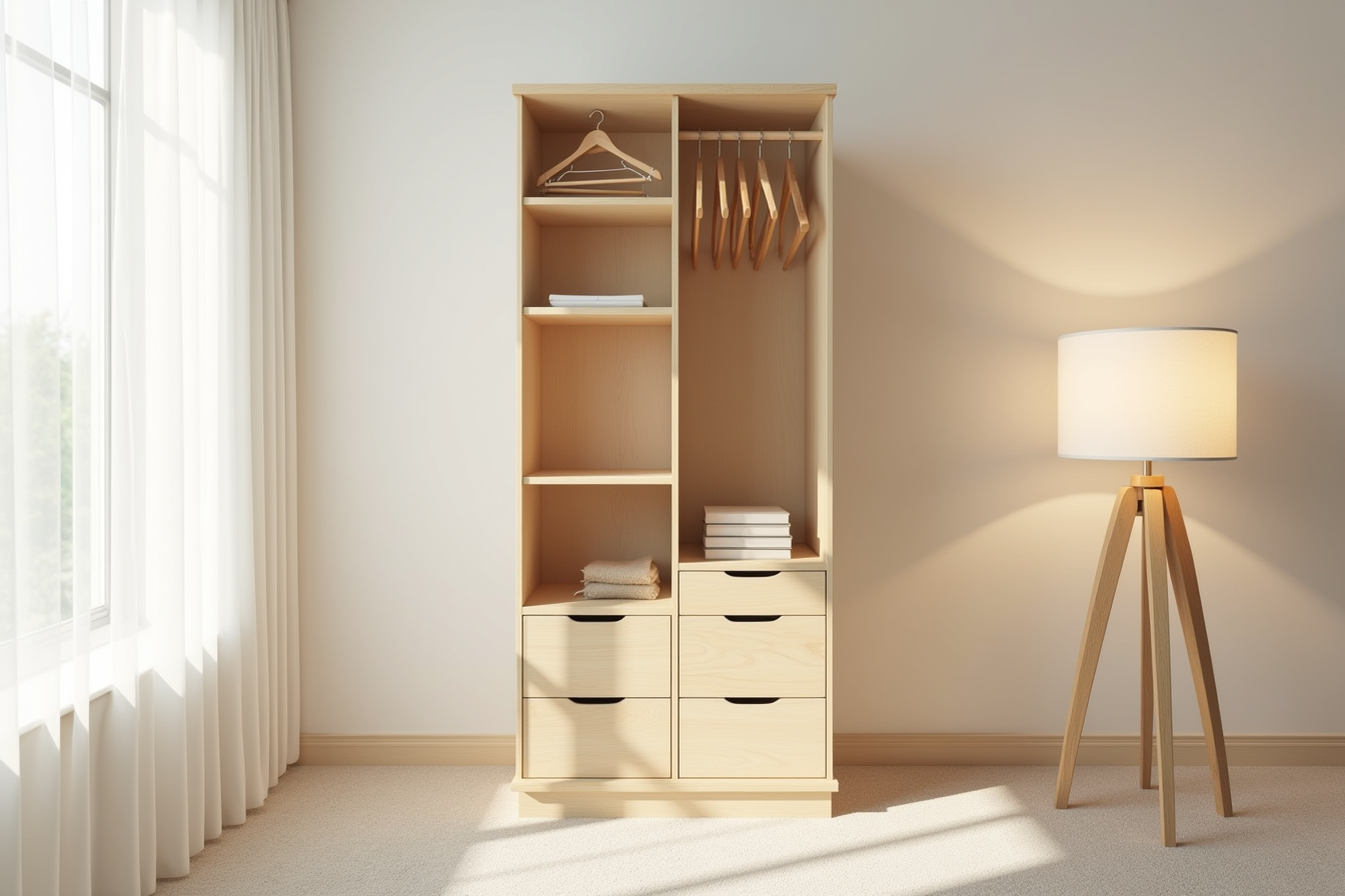 Tall wooden tower organizer with open shelves in the center and hanging rods on both sides with wooden hangers.
