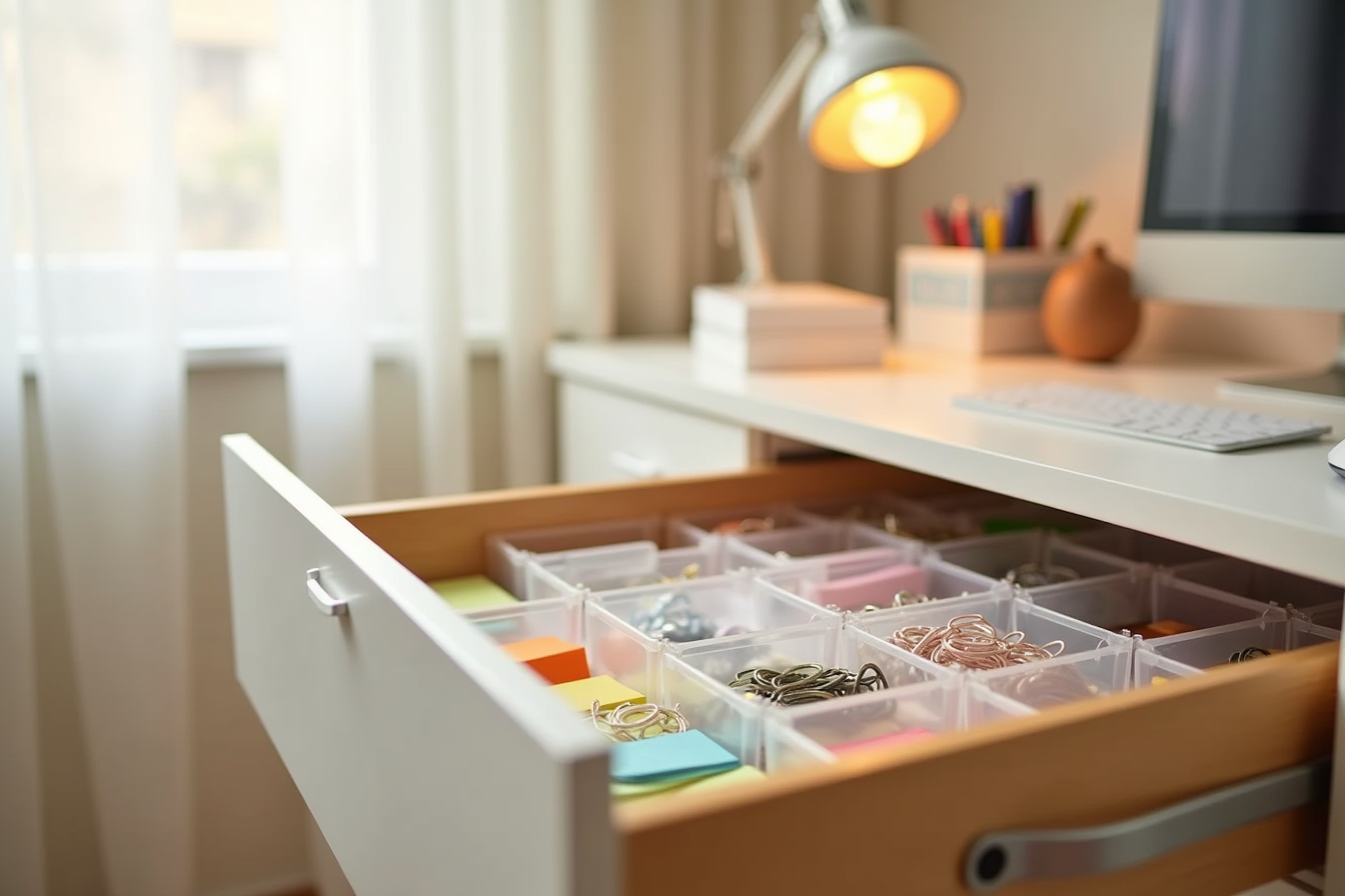 Open desk drawer with clear plastic dividers organizing paper clips, rubber bands, sticky tabs, and supplies.