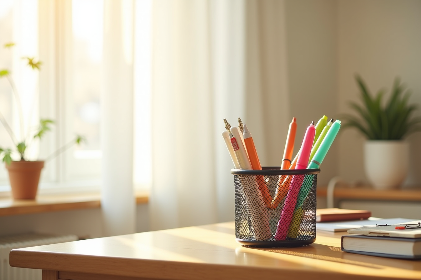 Mesh caddy containing pens, highlighters, paper clips, and notepads sits on a wooden desk corner in natural light.