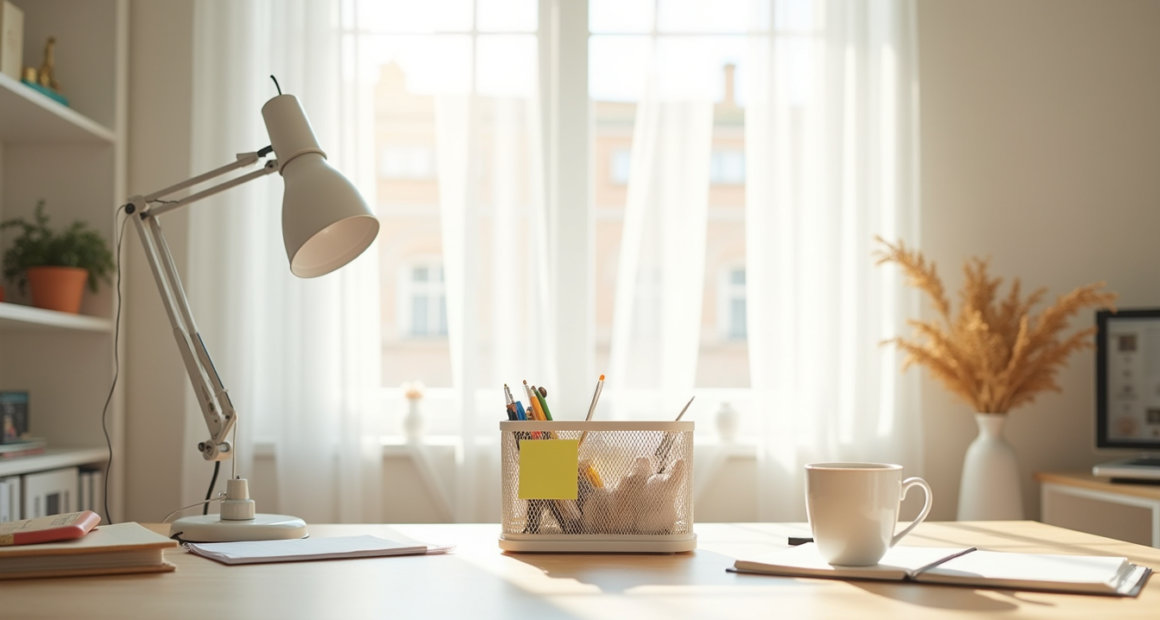 Mesh organizer filled with pens, sticky notes, and folders centered on a clean desk with a coffee cup nearby.