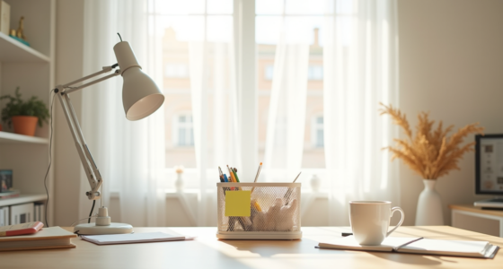 Mesh organizer filled with pens, sticky notes, and folders centered on a clean desk with a coffee cup nearby.