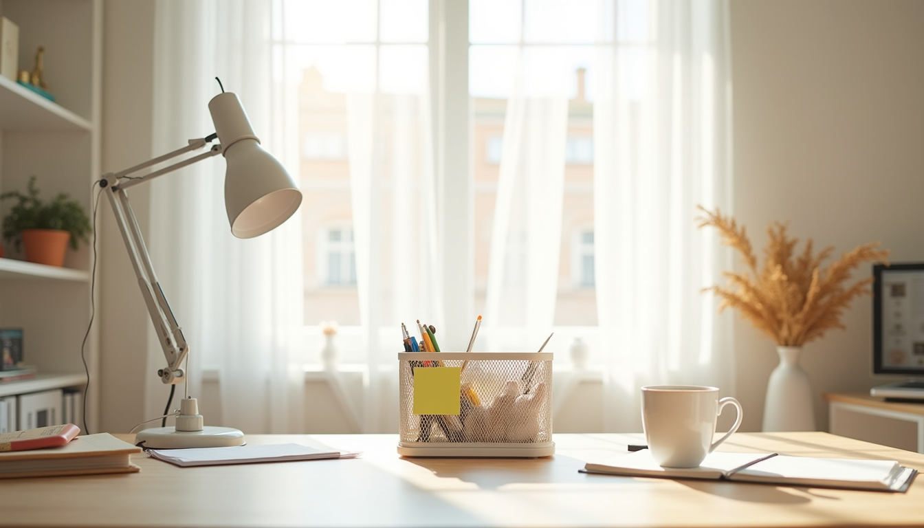 Mesh organizer filled with pens, sticky notes, and folders centered on a clean desk with a coffee cup nearby.
