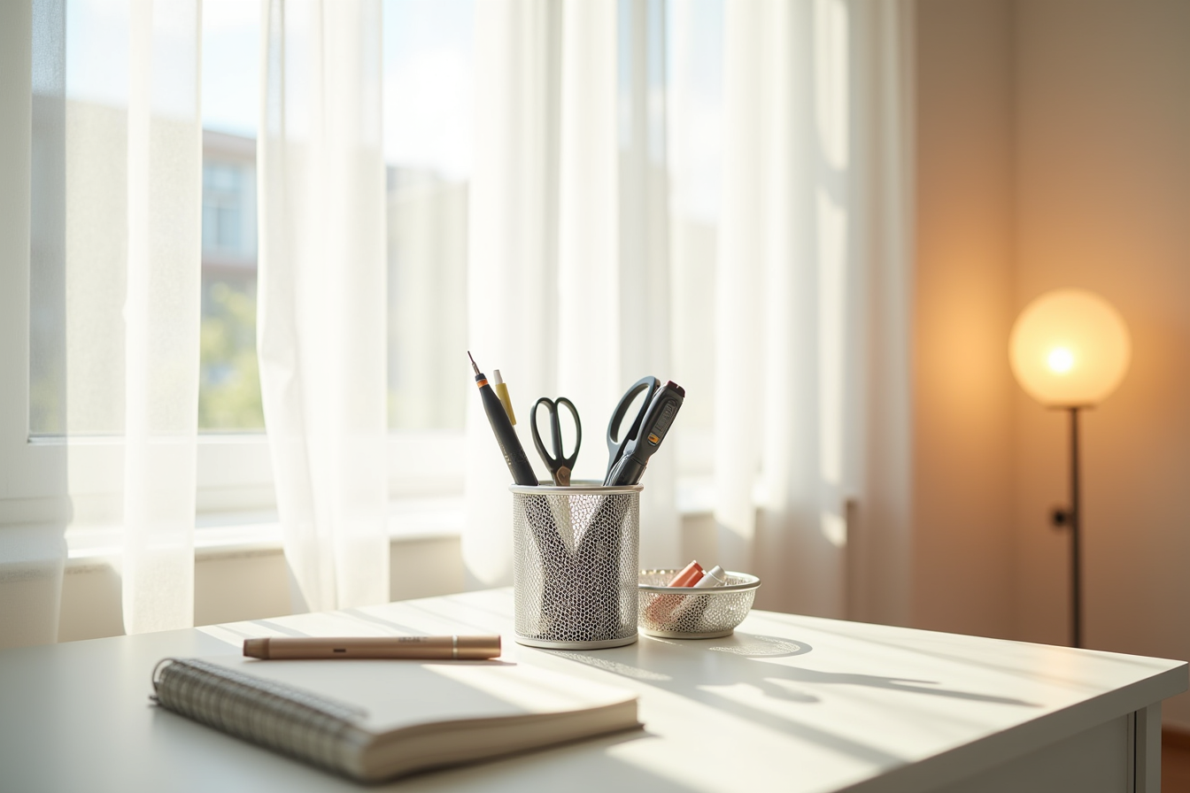 Mesh pen holder with scissors, ballpoint pens, and notepad sits next to a matching mesh tray.