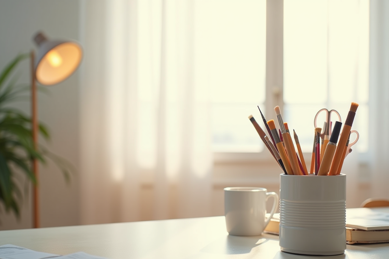 Rotating cylindrical organizer displays paintbrushes, markers, pencils, and scissors in upright compartments.