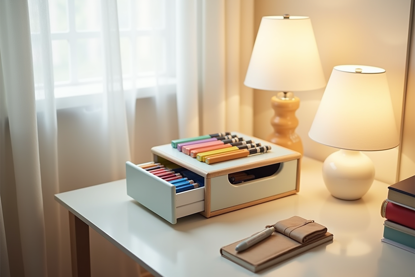 Two-drawer organizer with open top drawer showing organized rows of markers and colored pencils.