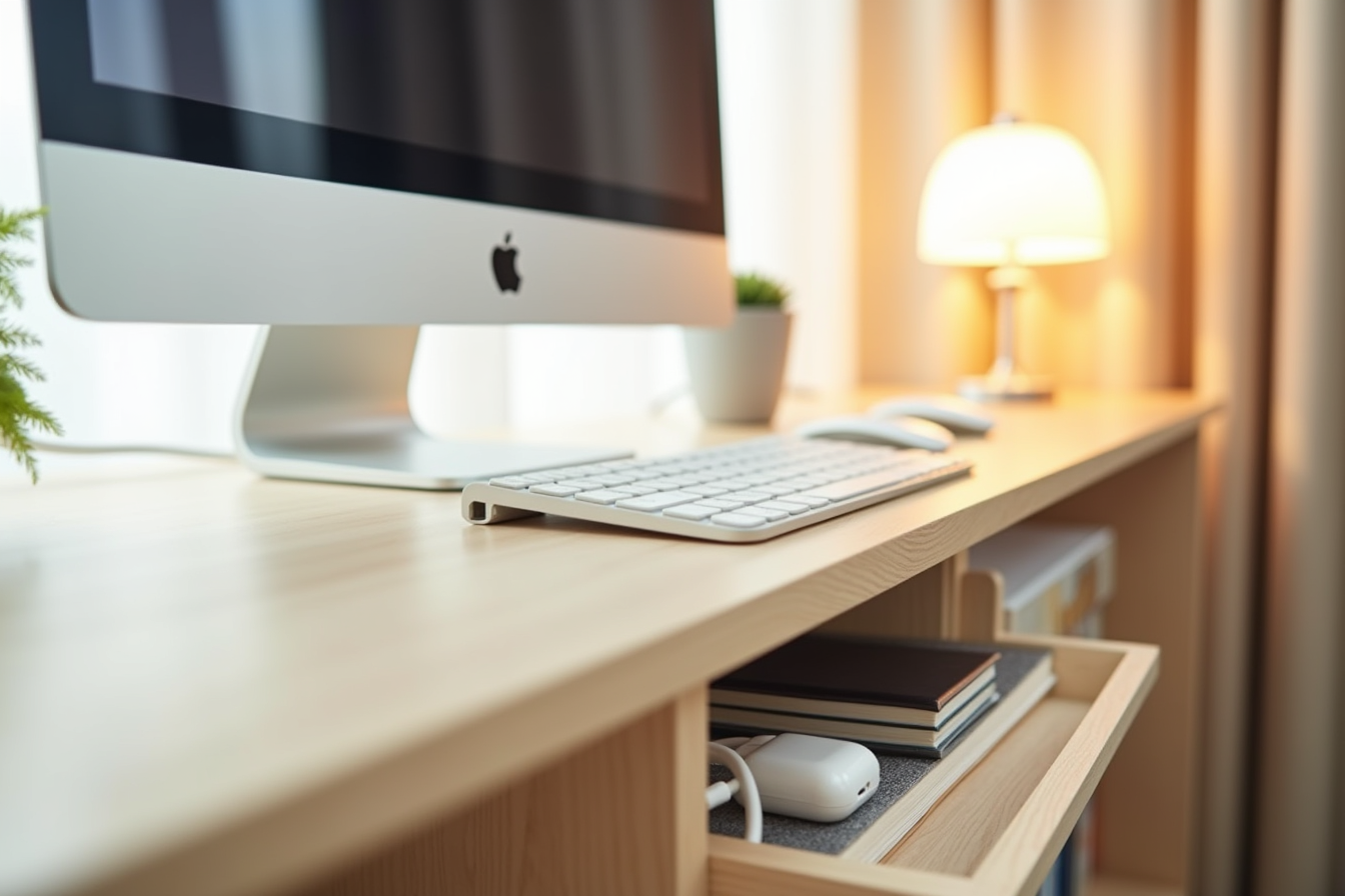 Shelf organizer beneath a monitor holds a phone charger, earbuds, USB cables, and a pen cup.