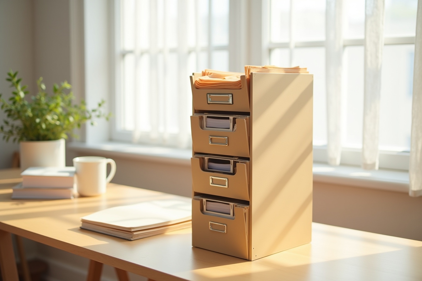 Seven-compartment vertical file organizer displays manila folders and papers at different angles.