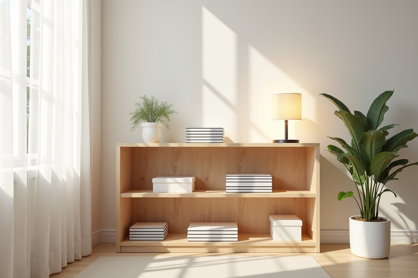 Three-tier wooden shelving displays stacked notebooks, a potted plant, desk lamp base, and decorative boxes.