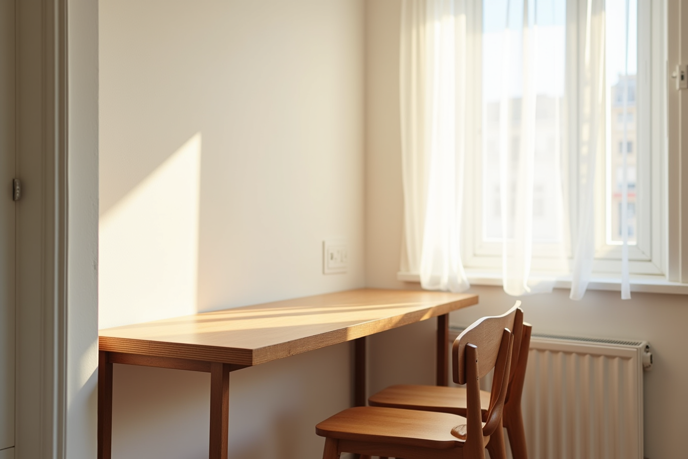 Bar-height table with tucked stools and a power outlet on the edge in a studio.