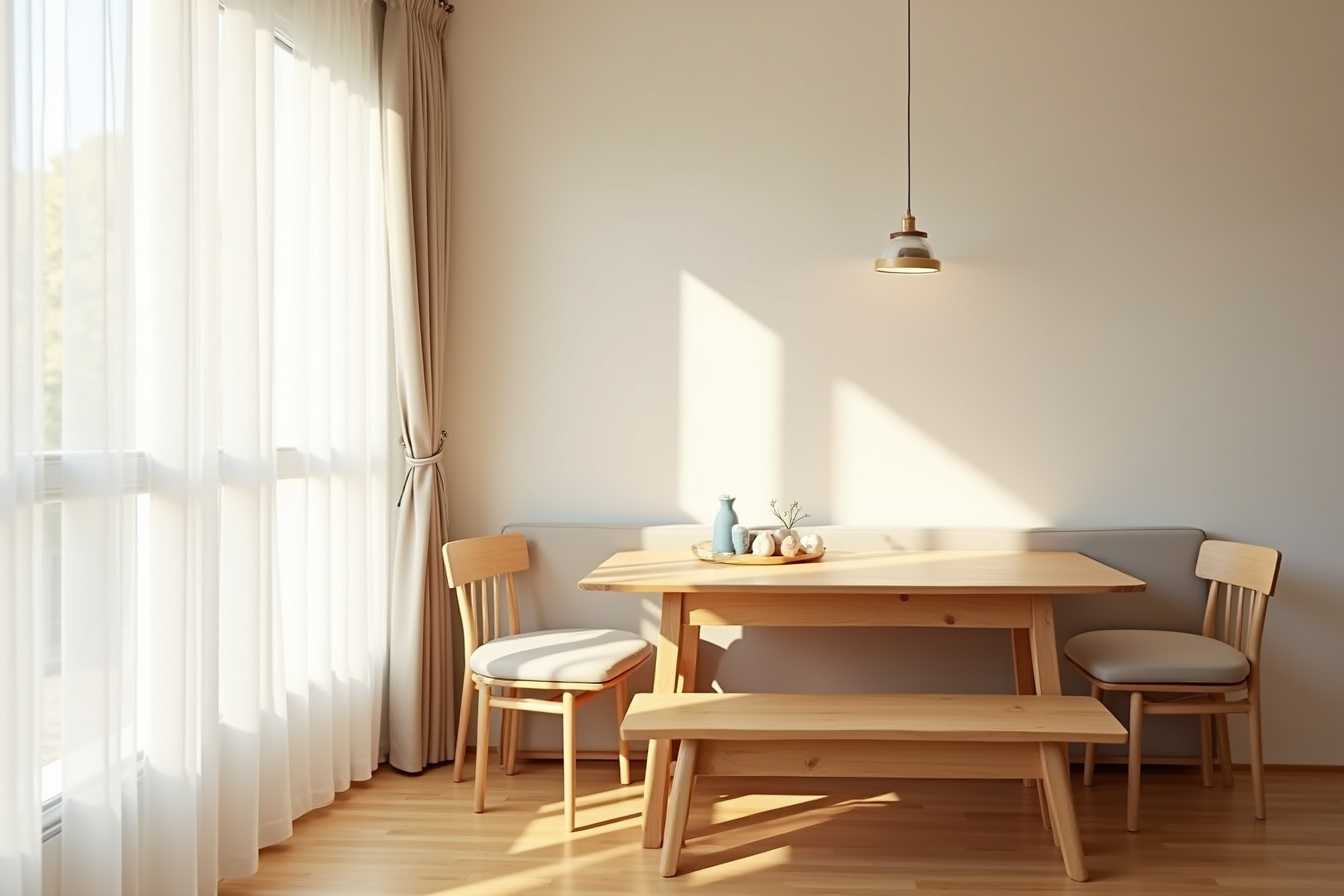 Rectangular table with a wooden bench on one side and individual chairs at each end.