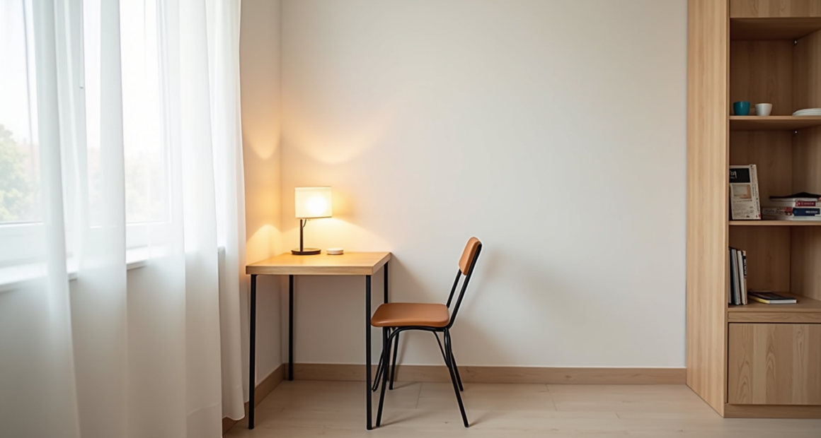 Compact dinette with two chairs hidden under the table in an apartment corner.