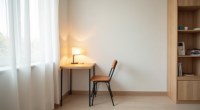 Compact dinette with two chairs hidden under the table in an apartment corner.