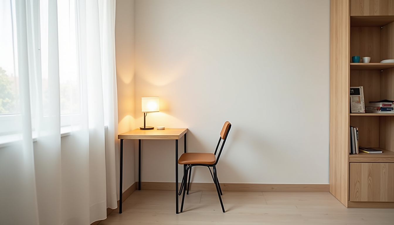 Compact dinette with two chairs hidden under the table in an apartment corner.
