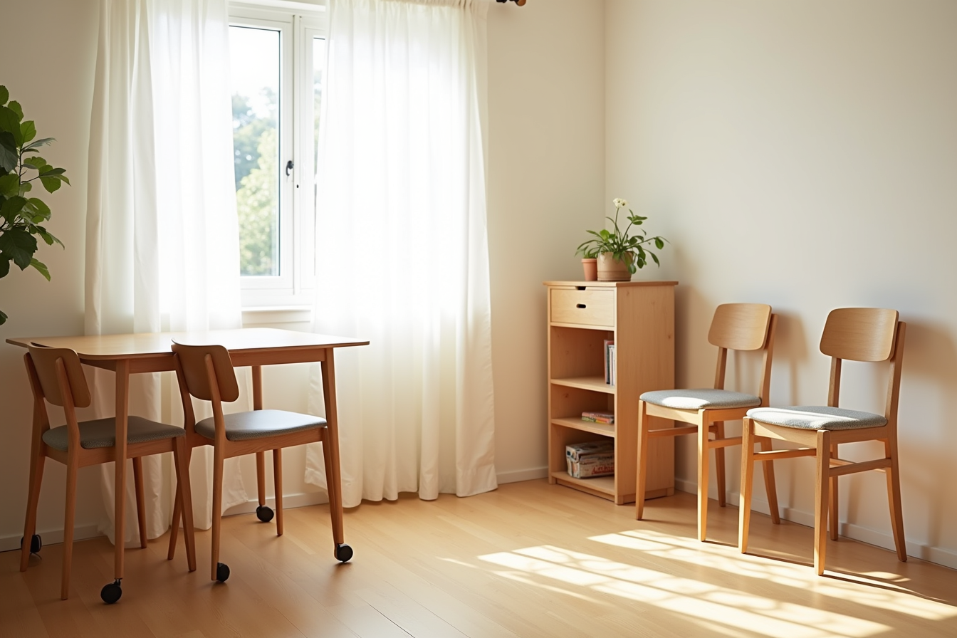 Collapsible drop-leaf table on wheels with stacked chairs and storage shelf below.