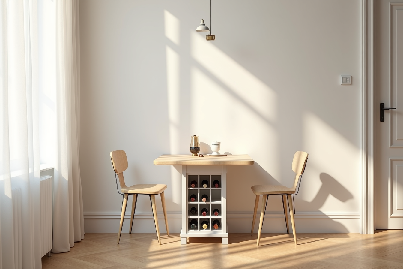 Narrow two-seat table with built-in wine rack and light oak top in a living room.