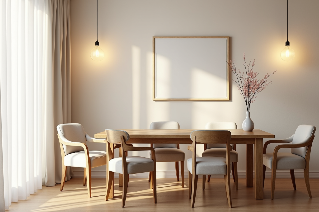 Rustic brown wood table with four high-back upholstered chairs in a dining room.