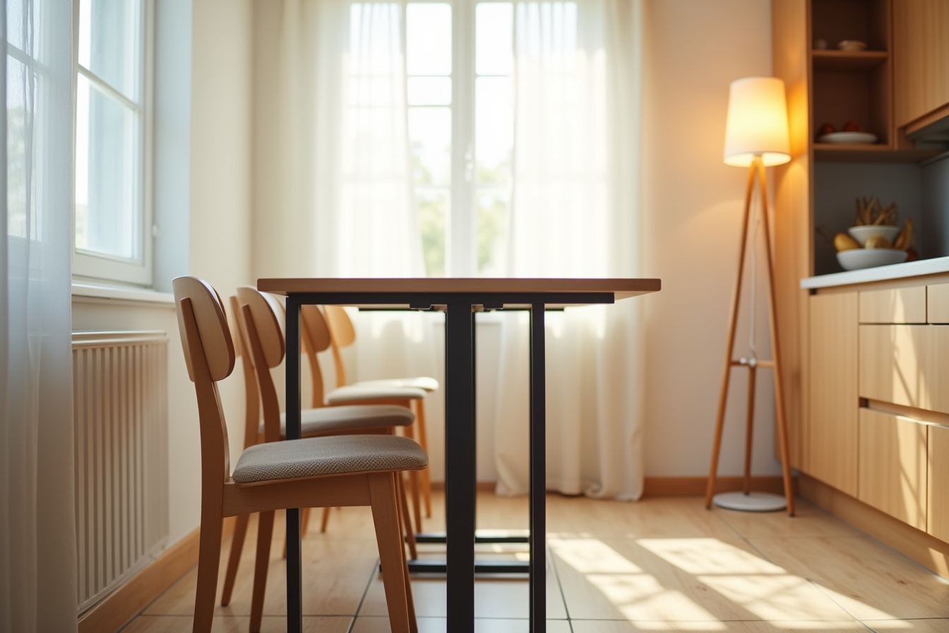 Two-seat table with sliding chairs and a storage rack underneath in a kitchen.
