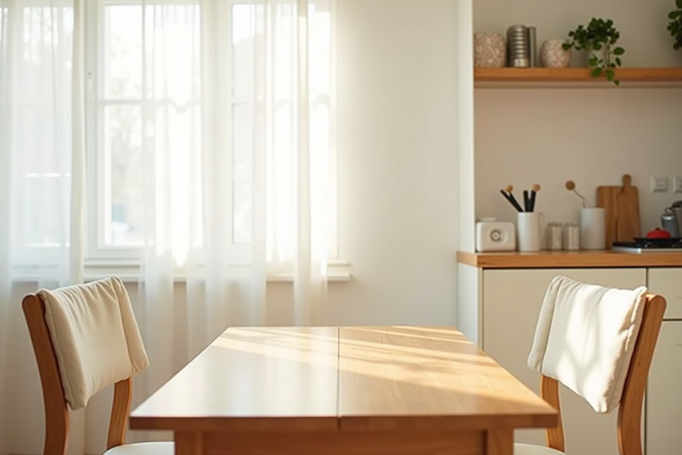 Natural wood dining table for two with matching chairs in a compact kitchen.