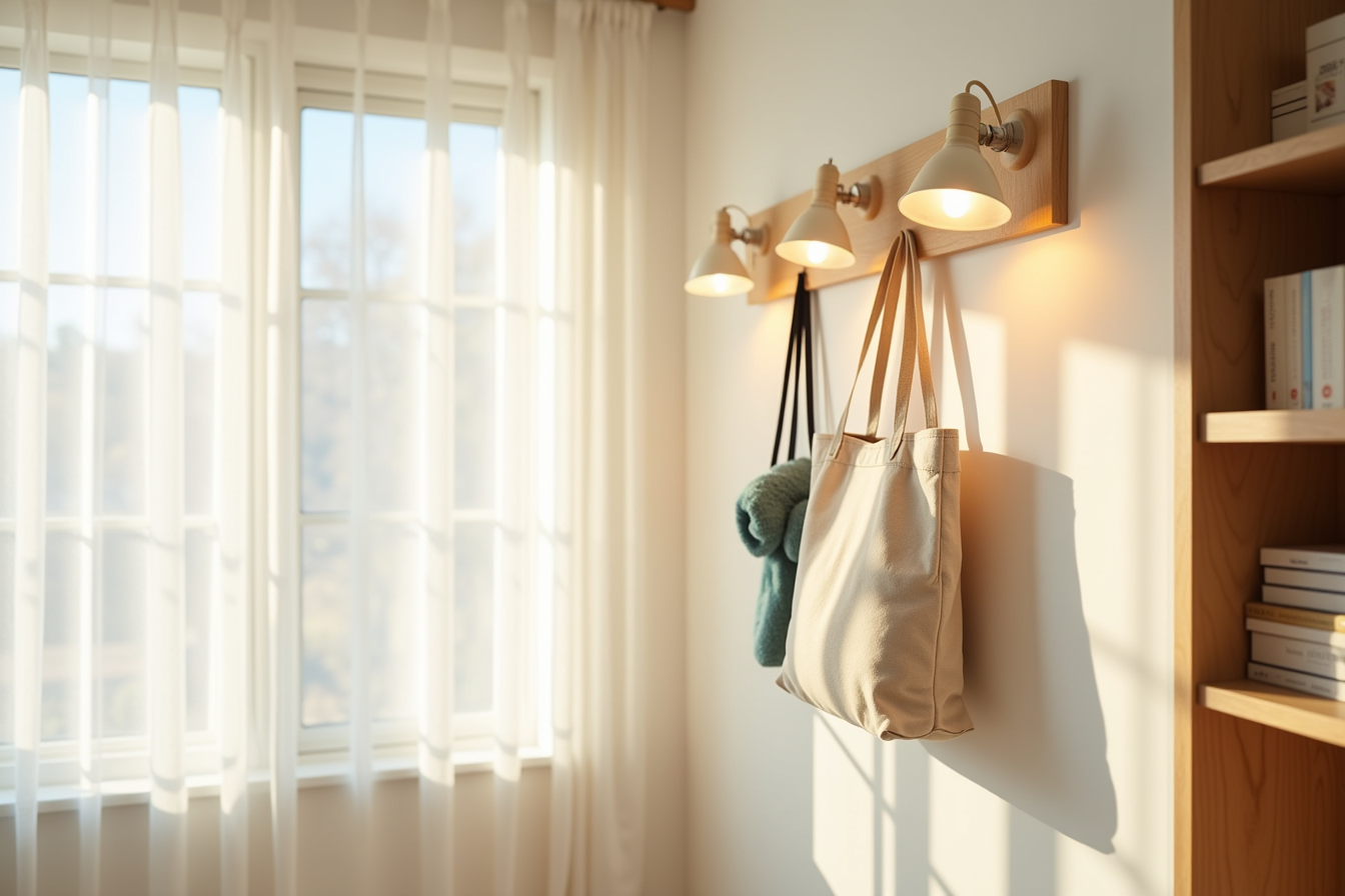 Canvas tote bag, towel, and lanyard hung on adhesive hooks at different heights on dorm wall.